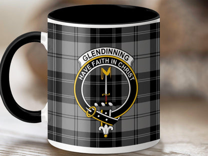 Physical Item 11oz / Black Glendinning Clan Crest Tartan Scottish Mug