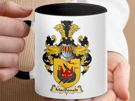 Physical Item 11oz / Black Historic MacDonald Family Crest Accent Coffee Mug