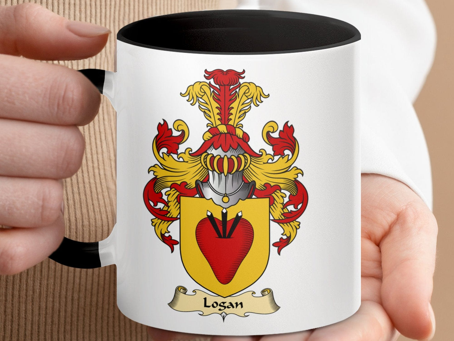 Physical Item 11oz / Black Logan Family Crest Coat of Arms Accent Coffee Mug