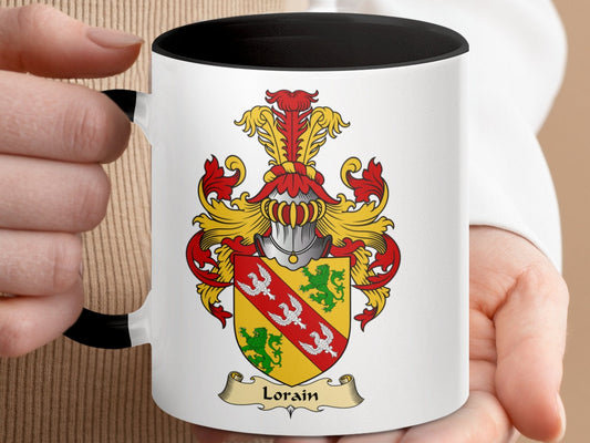 Physical Item 11oz / Black Lorain Family Crest Coat of Arms Accent Mug