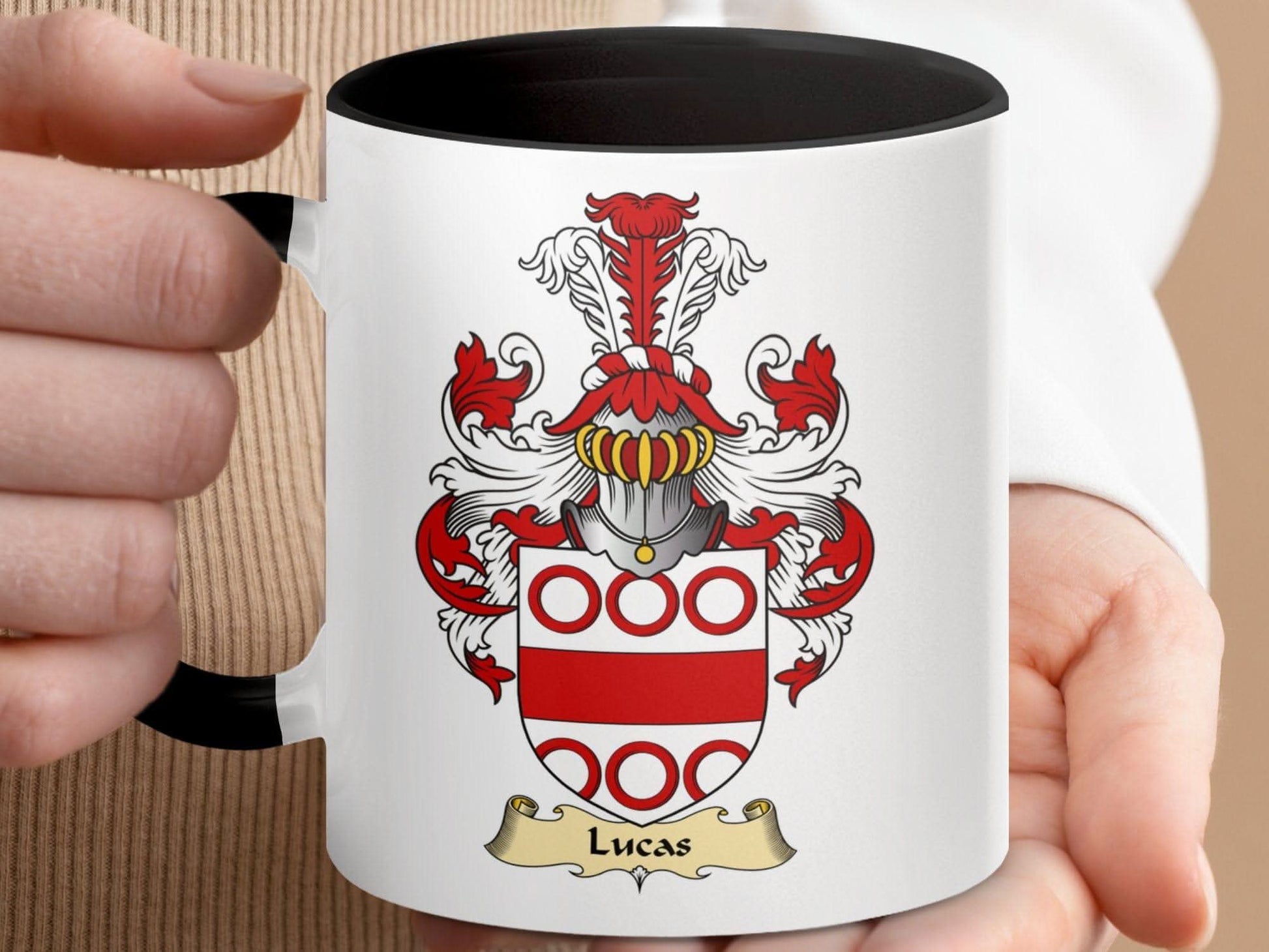 Lucas Coat of Arms Family Clan Emblem Heritage Mug - Celtic Ancestry Gifts
