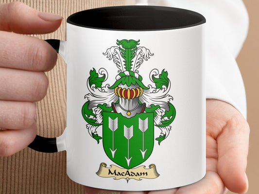 Physical Item 11oz / Black MacAdam Family Crest Green Shield Accent Mug