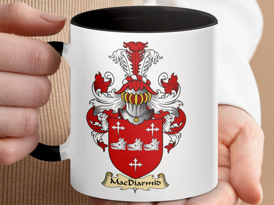 Physical Item 11oz / Black MacDiarmid Family Crest Coat of Arms Emblem Mug