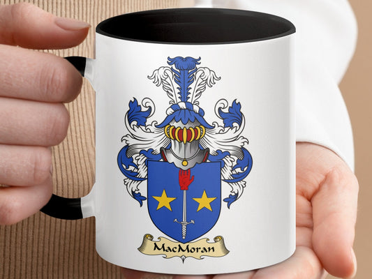 Physical Item 11oz / Black MacMoran Family Crest Coat of Arms Ceramic Coffee Mug