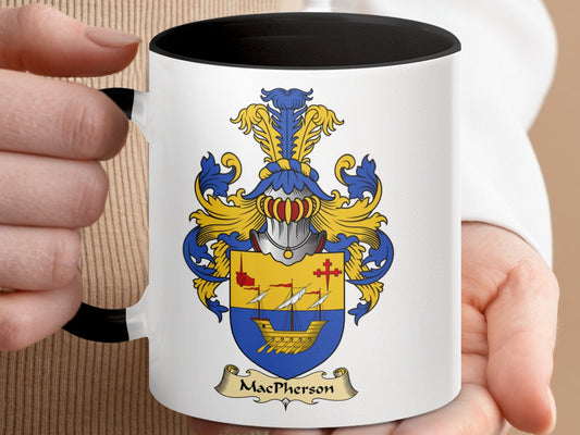 Physical Item 11oz / Black MacPherson Family Crest with Sailing Ship Accent Mug