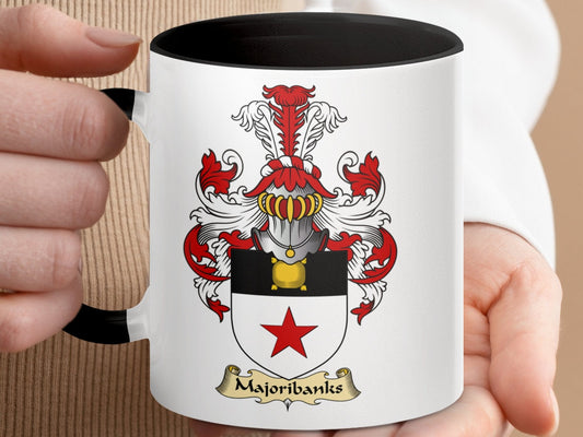 Physical Item 11oz / Black Majoribanks Clan Surname Coat of Arms Design Mug