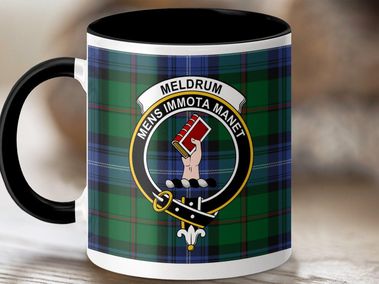 Physical Item 11oz / Black Meldrum Clan Scottish Tartan Plaid Crest Mug