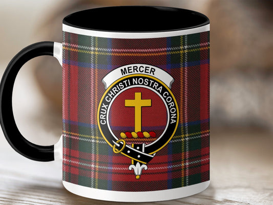 Physical Item 11oz / Black Mercer Clan Crest Tartan Scottish Mug