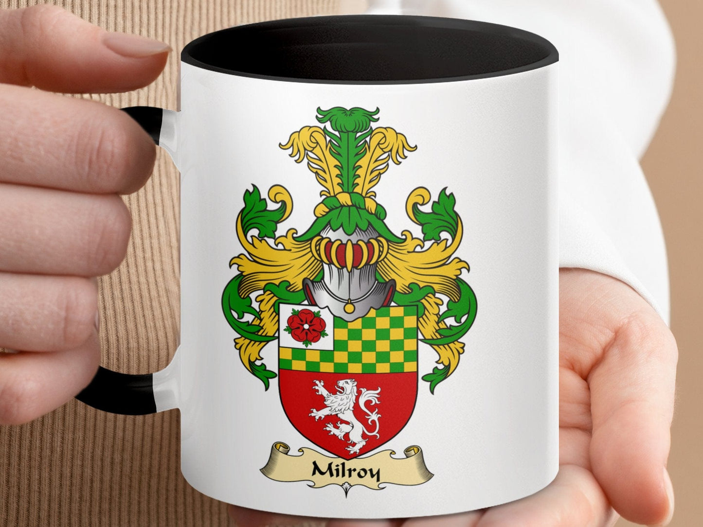 Physical Item 11oz / Black Milroy Family Crest with Lion Coat of Arms Coffee Mug