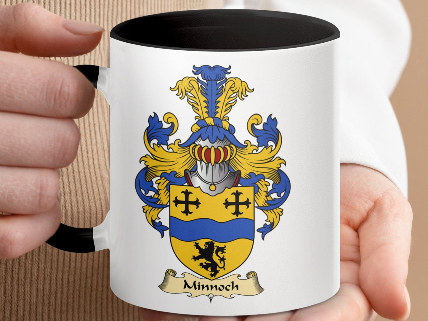 Physical Item 11oz / Black Minnoch Family Crest Coat of Arms Accent Coffee Mug