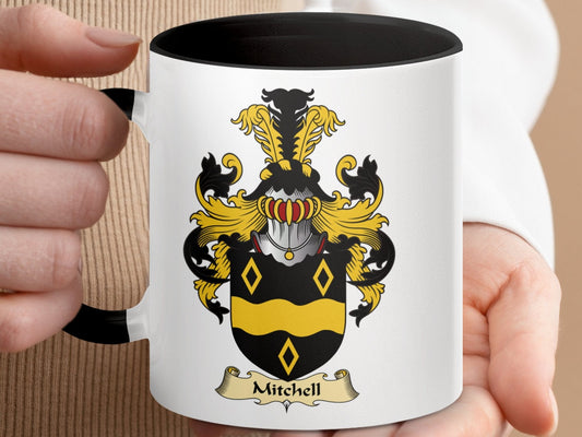 Physical Item 11oz / Black Mitchell Family Crest Coat of Arms Design Mug