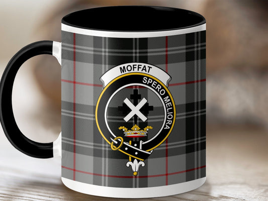 Physical Item 11oz / Black Moffat Clan Crest Tartan Scottish Mug