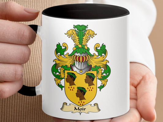 Physical Item 11oz / Black Moir Family Crest Coat of Arms Design Accent Mug