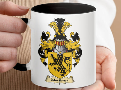 Physical Item 11oz / Black Mortimer Family Crest Coat of Arms Emblem Coffee Mug