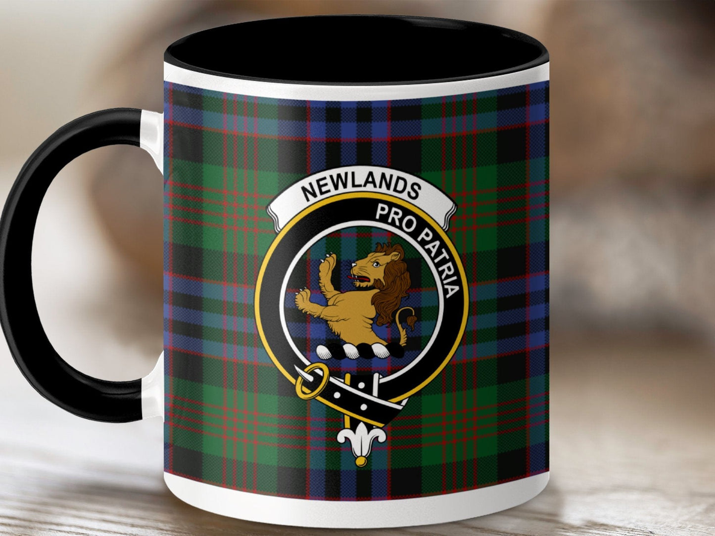 Physical Item 11oz / Black Newlands Clan Crest Tartan Scottish Mug