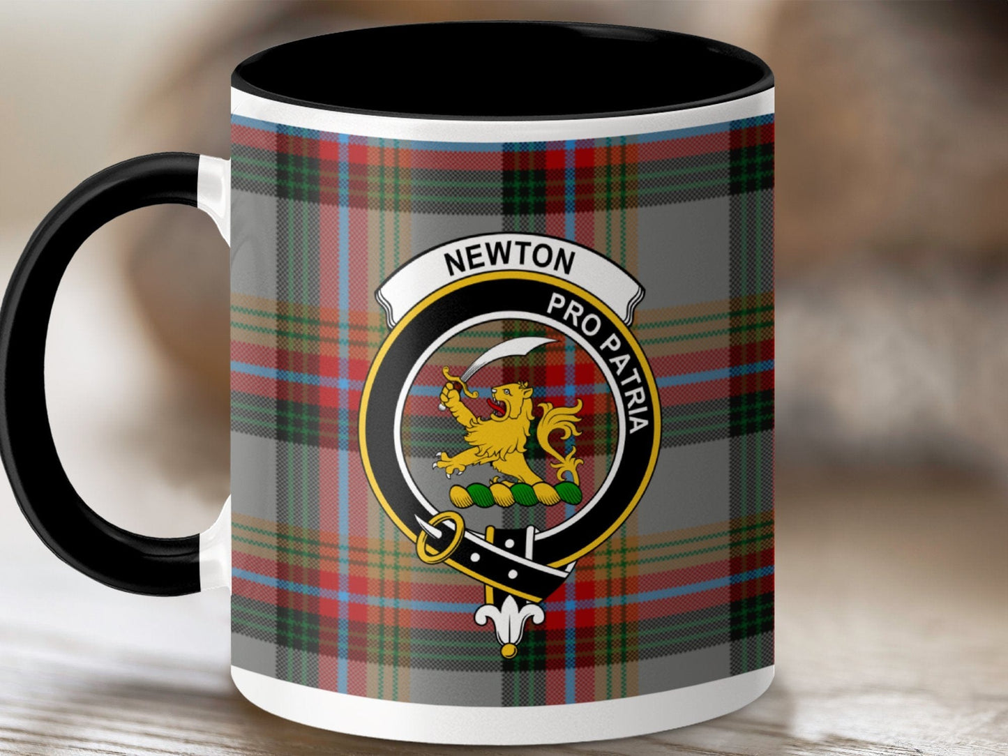 Physical Item 11oz / Black Newton Clan Crest Tartan Scottish Mug