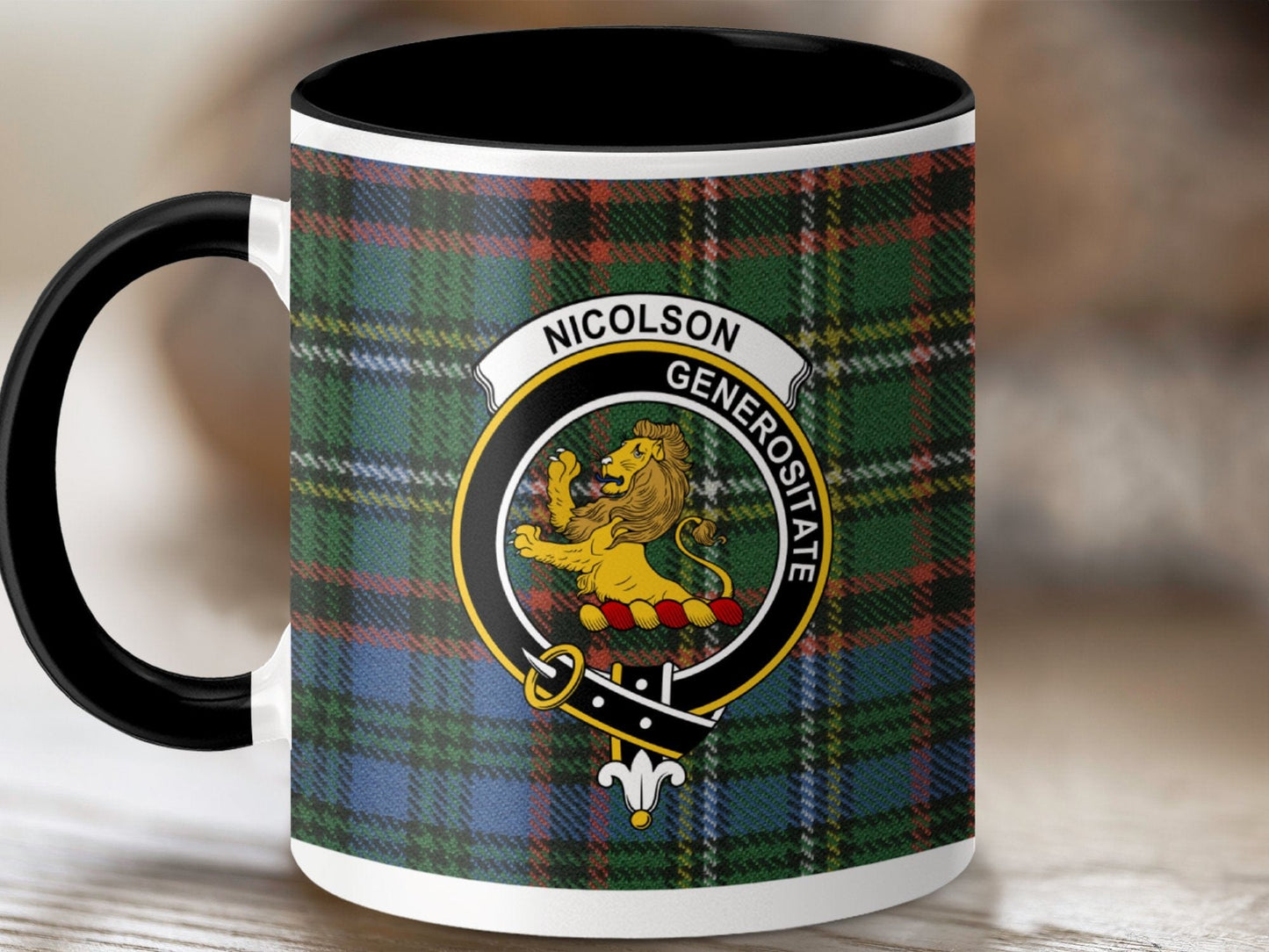 Physical Item 11oz / Black Nicolson Clan Crest Tartan Scottish Mug