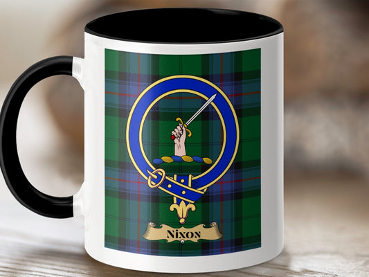 Physical Item 11oz / Black Nixon Clan Scottish Tartan Crest Mug