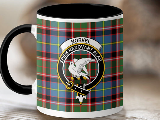 Physical Item 11oz / Black Norvel Clan Crest Tartan Scottish Mug