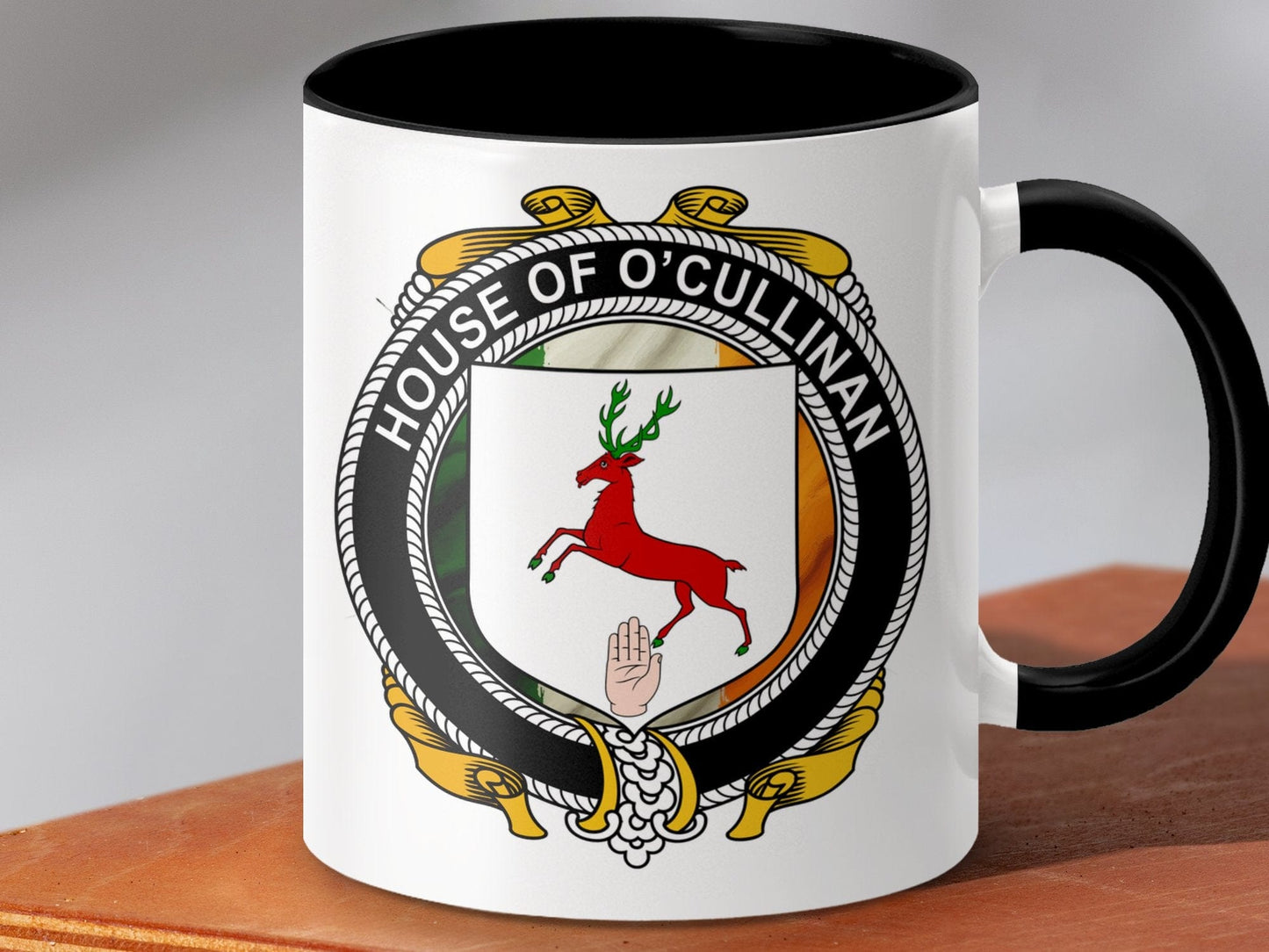 Physical Item 11oz / Black O'Cullinan Surname Irish Crest Flag Design Mug