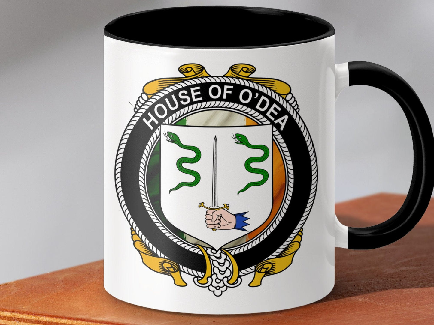 Physical Item 11oz / Black O'Dea Surname Irish Crest Heritage Coffee Mug