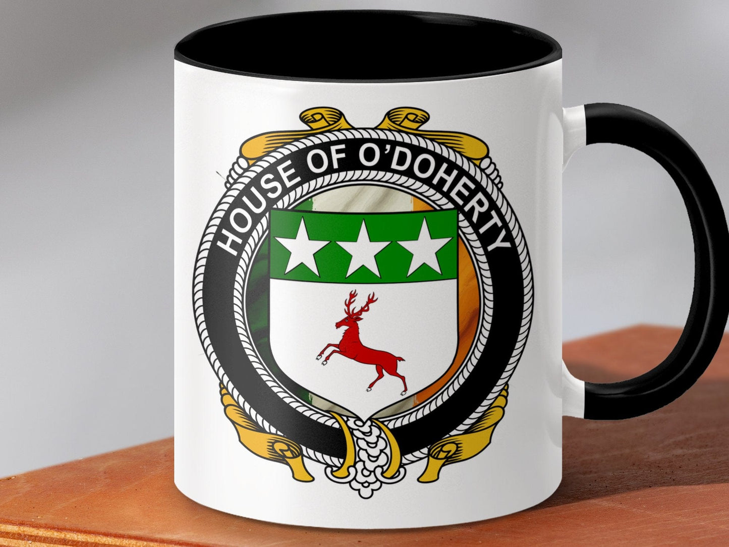 Physical Item 11oz / Black O'Doherty Irish Coat of Arms Crest design mug