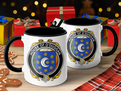 Physical Item 11oz / Black O'Duggan Surname Irish Crest Mug with Flag Design