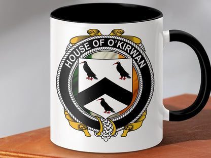 Physical Item 11oz / Black O'Kirwan Family Name Irish Crest Ceramic Mugs