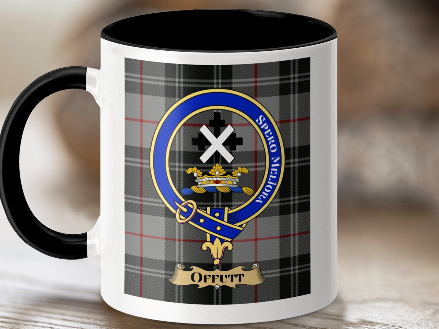 Physical Item 11oz / Black Offutt Clan Scottish Tartan Crest Mug