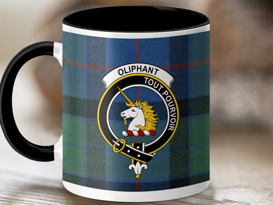 Physical Item 11oz / Black Oliphant Clan Crest Tartan Scottish Mug