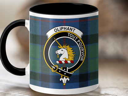 Physical Item 11oz / Black Oliphant Clan Scottish Tartan Crest Mug