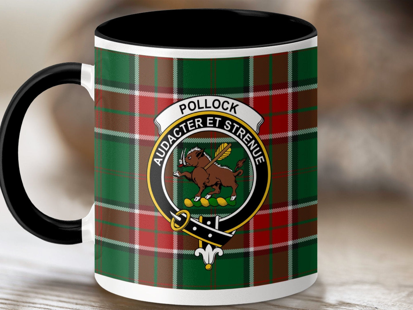 Physical Item 11oz / Black Pollock Clan Crest Tartan Scottish Mug