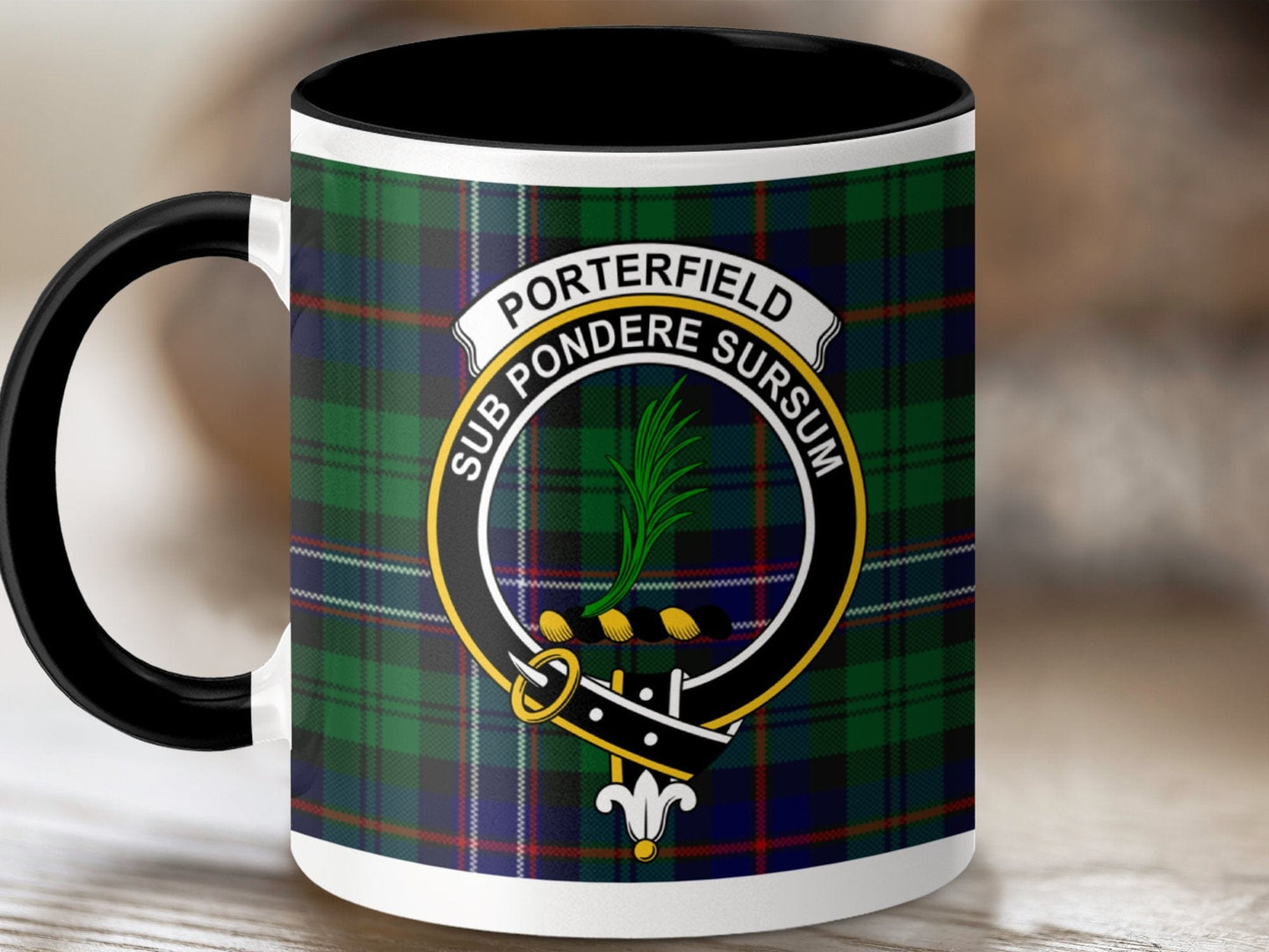 Physical Item 11oz / Black Porterfield Clan Crest Tartan Scottish Mug