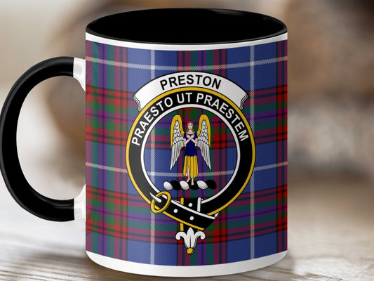 Physical Item 11oz / Black Preston Clan Crest Tartan Scottish Mug