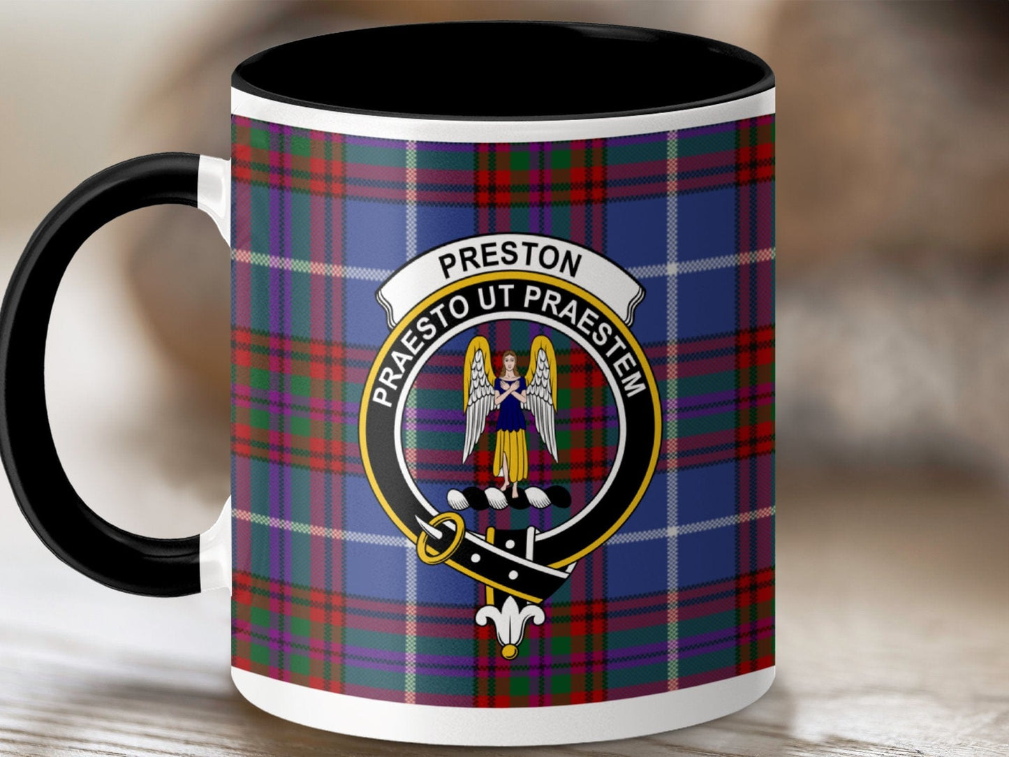 Physical Item 11oz / Black Preston Clan Crest Tartan Scottish mug