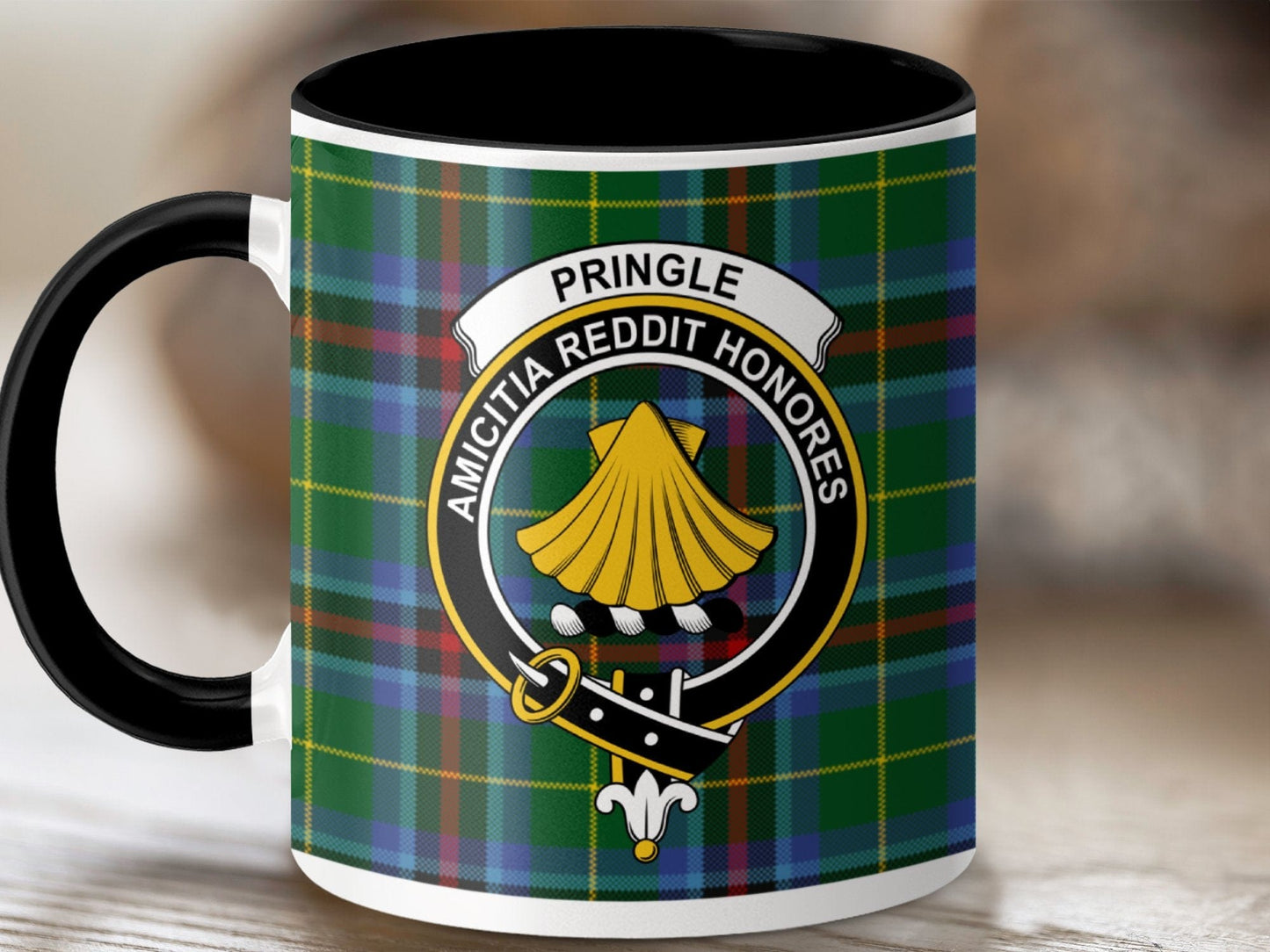 Physical Item 11oz / Black Pringle Clan Crest Tartan Scottish Mug