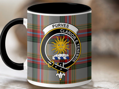 Physical Item 11oz / Black Purves Clan Crest Tartan Scottish Mug