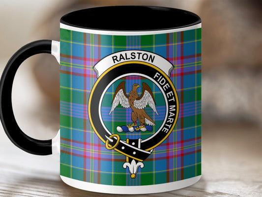 Physical Item 11oz / Black Ralston Clan Crest Tartan Scottish Mug