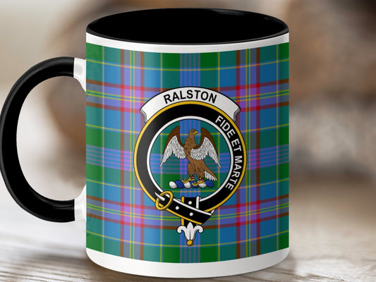 Physical Item 11oz / Black Ralston Clan Crest Tartan Scottish Mug