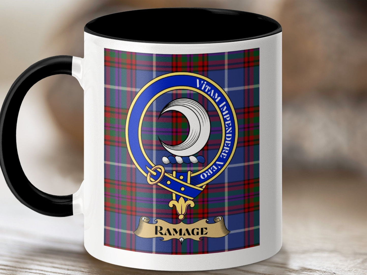 Physical Item 11oz / Black Ramage Clan Scottish Tartan Crest Mug