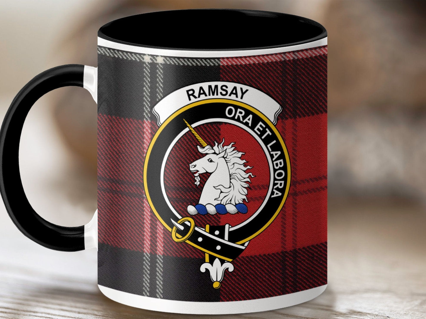 Physical Item 11oz / Black Ramsay Clan Crest Tartan Scottish Mug