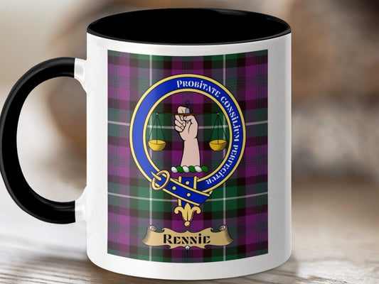 Physical Item 11oz / Black Rennie Clan Scottish Tartan Crest Mug