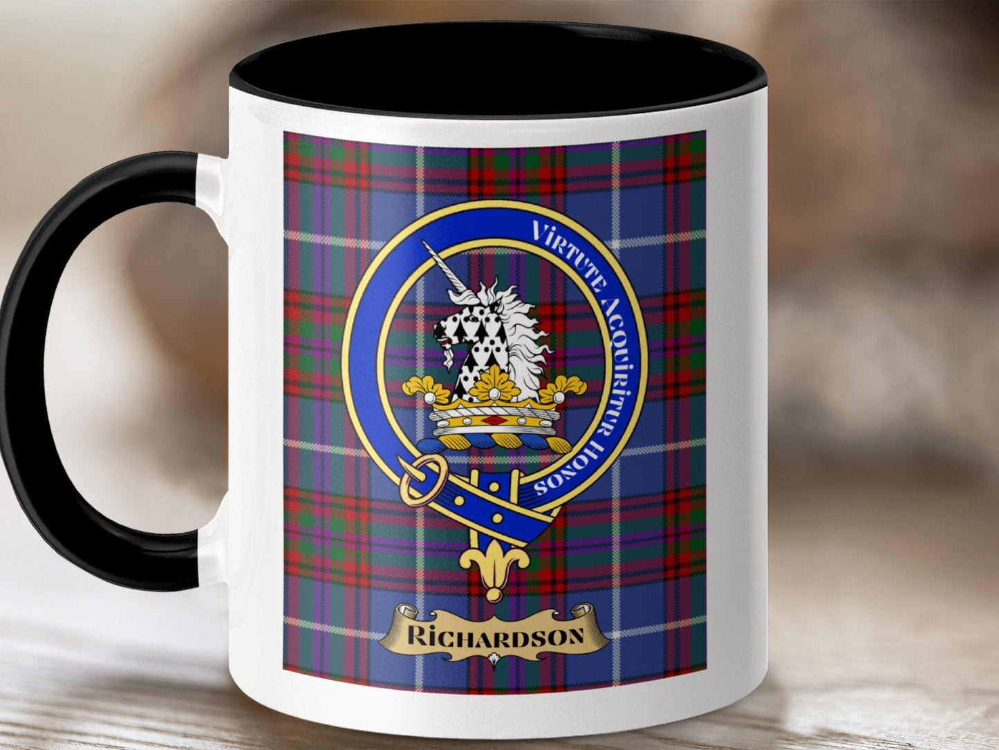 Physical Item 11oz / Black Richardson Clan Scottish Tartan Crest Mug