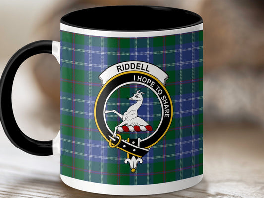 Physical Item 11oz / Black Riddell Clan Crest Tartan Scottish Mug