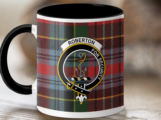 Physical Item 11oz / Black Roberton Clan Crest Tartan Scottish Mug