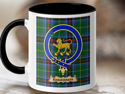 Physical Item 11oz / Black Rogerson Clan Scottish Tartan Crest Mug