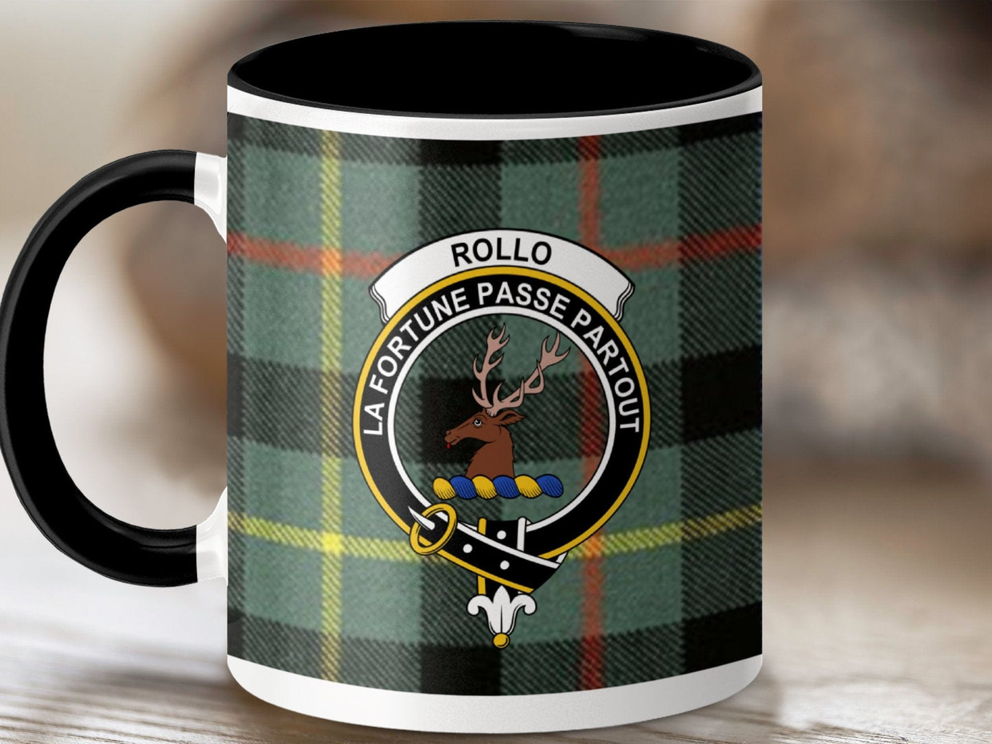 Physical Item 11oz / Black Rollo Clan Crest Tartan Scottish Mug