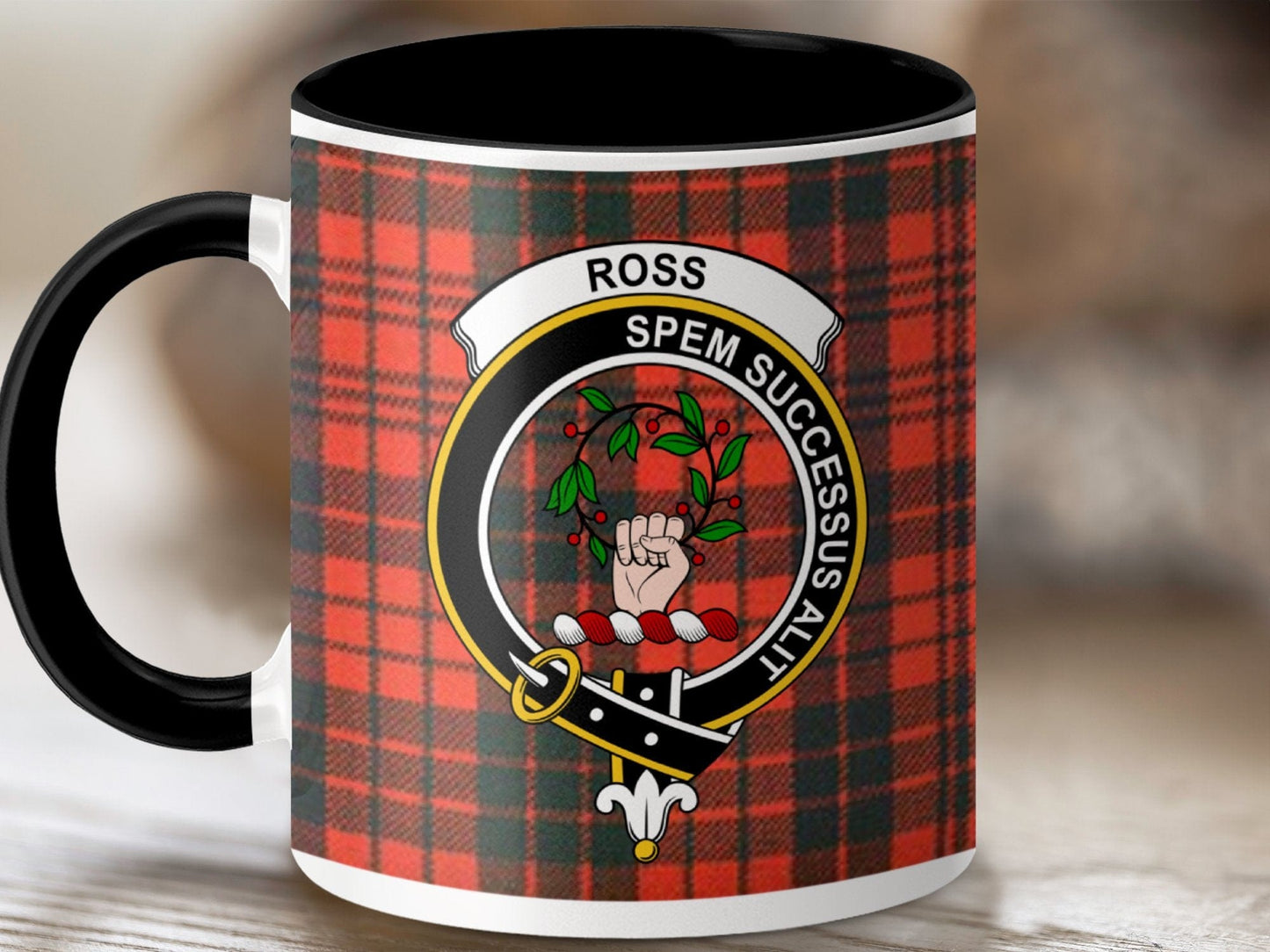 Physical Item 11oz / Black Ross Clan Crest Tartan Background Scottish Mug