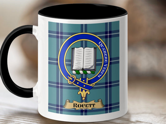 Physical Item 11oz / Black Rouett Clan Scottish Tartan Crest Mug