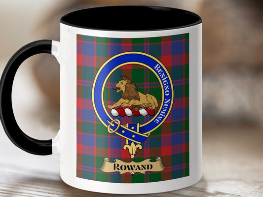 Physical Item 11oz / Black Rowand Clan Scottish Tartan Crest Mug